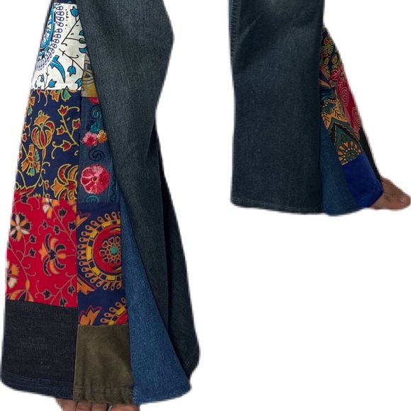 Handmade Patchwork Bell bottom Jeans Unisex Upcycled Mens Jeans - Picture 3 of 11